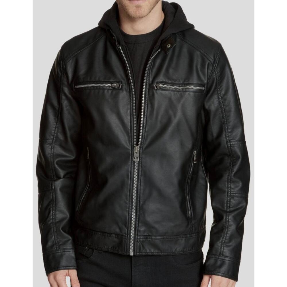 Guess Biker Jacket XL Black Faux Leather Hooded Grunge Flaw